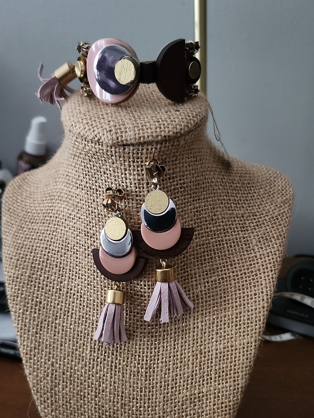 J. Crew Pink Tassel Drop Earrings & Cuff -  Gold & Dark Brown Accent
